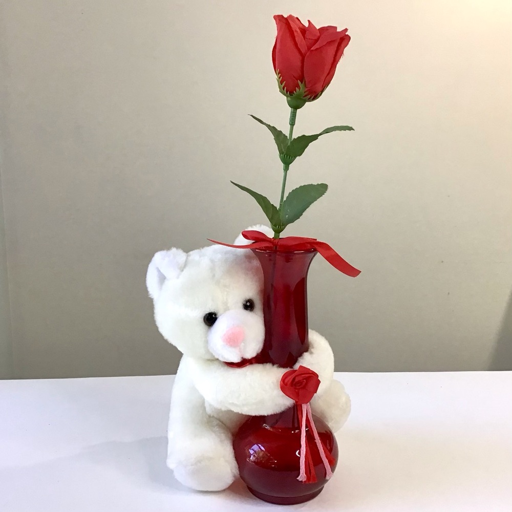 White Bear Flower Vase Hugger Plush With Red Rose Love